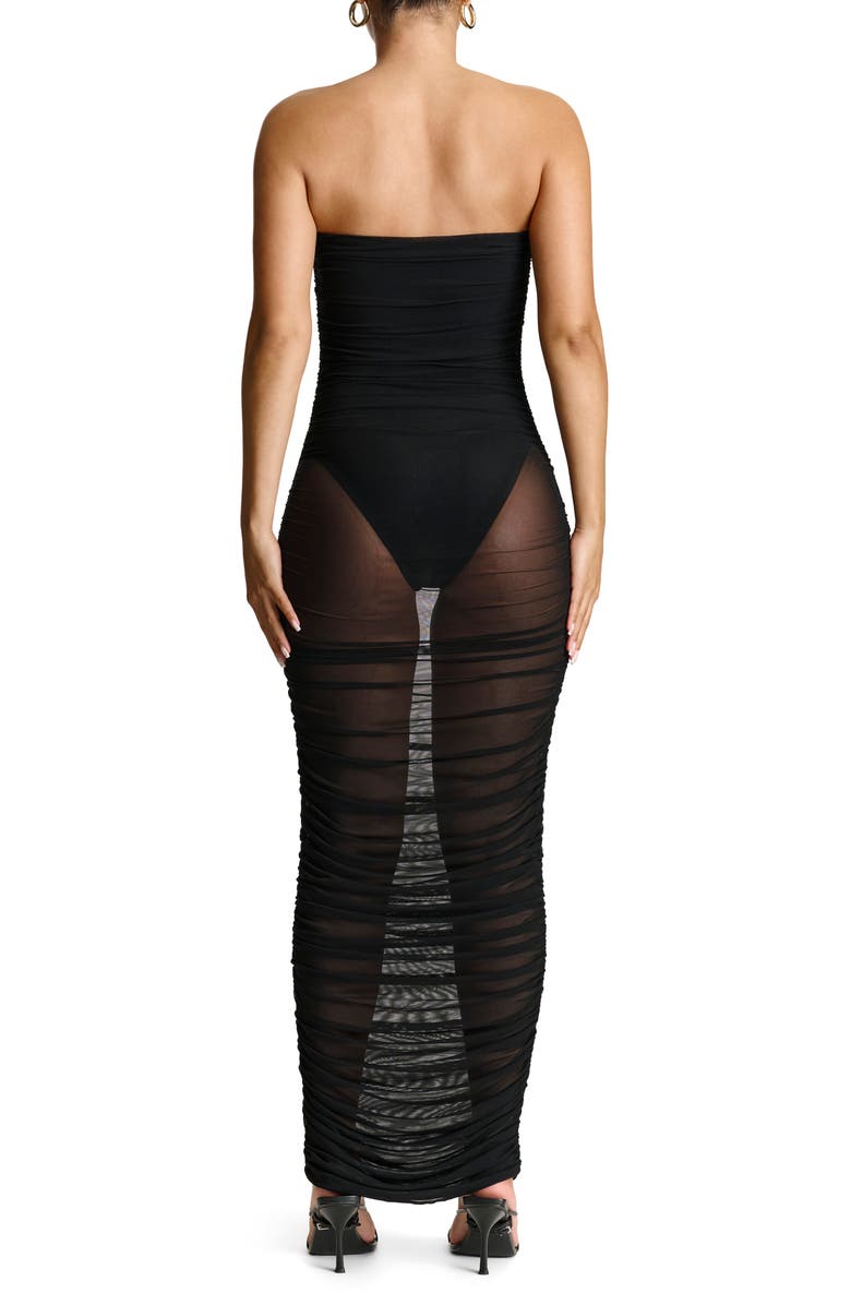 Naked Wardrobe Shirred Strapless Mesh Maxi Dress, Alternate, color, Black