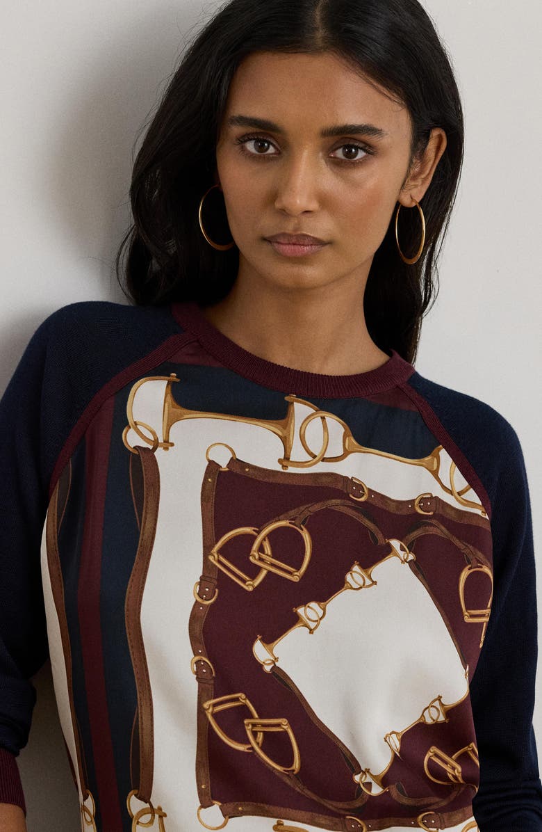 Lauren Ralph Lauren Equestrian Print Inset Crewneck Sweater, Alternate, color, Lauren Navy Multi