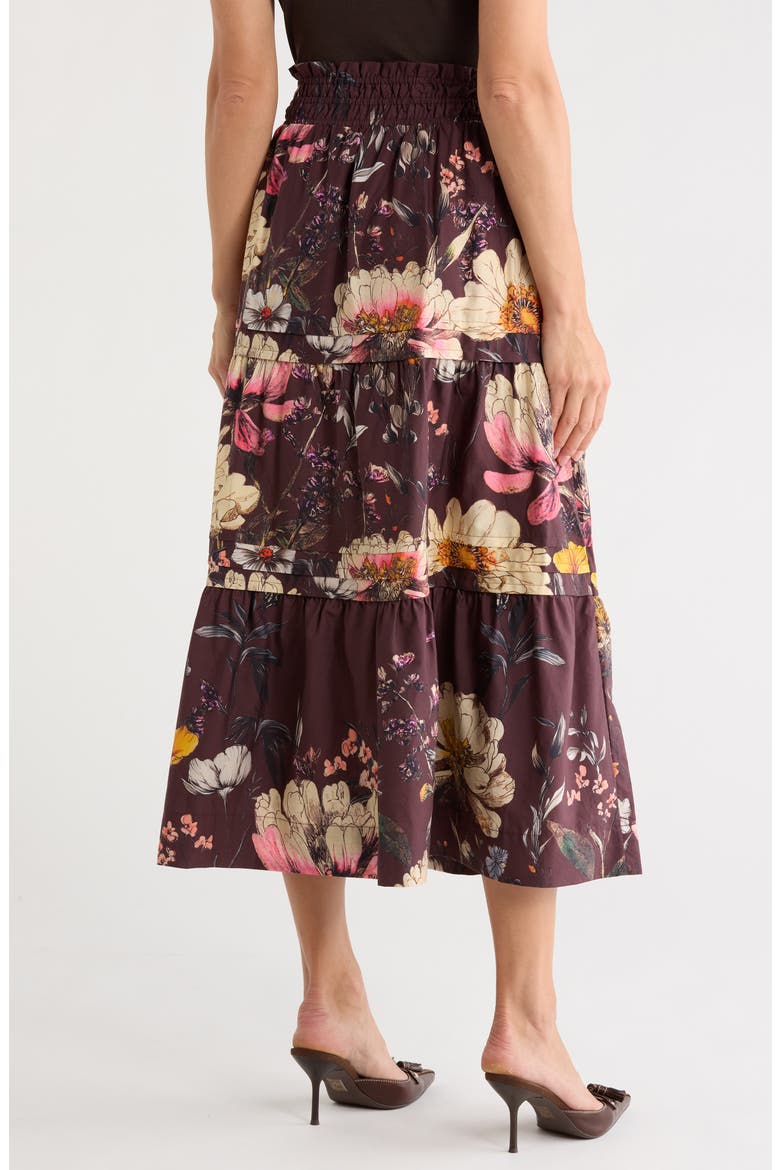 Floral Tiered Cotton Pull-On Skirt, Alternate, color, CHOCOLATE/ VIBRANT FLORAL