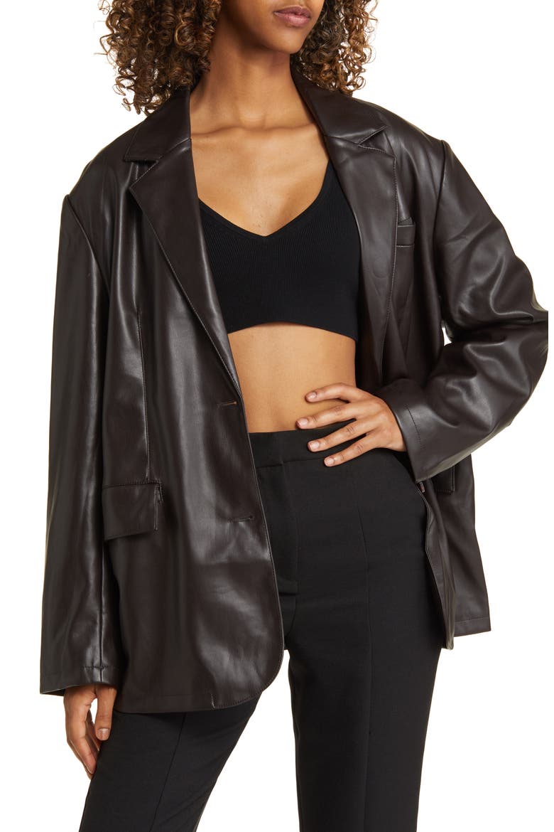 Oversize Faux Leather Blazer, Main, color, BROWN