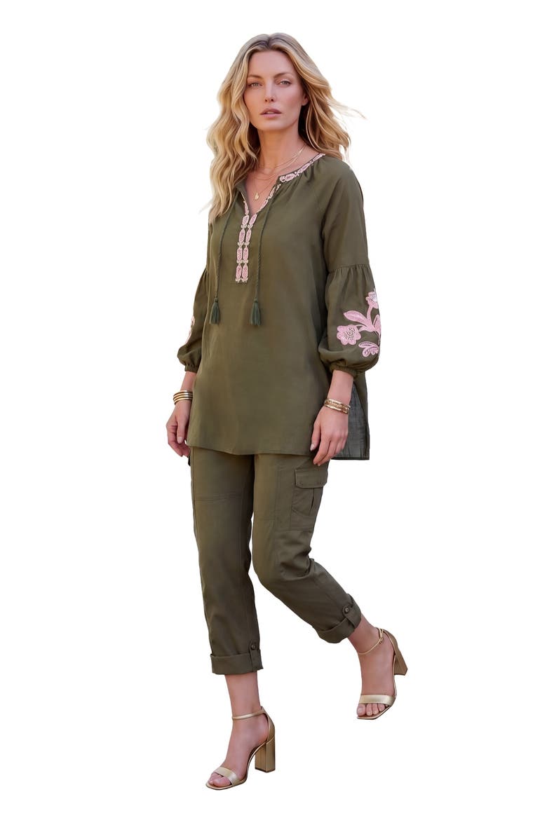 Plus Size Cambric Cotton Split Neck Embroidered Tunic, Main, color, DARK OLIVE MEADOW FLORAL