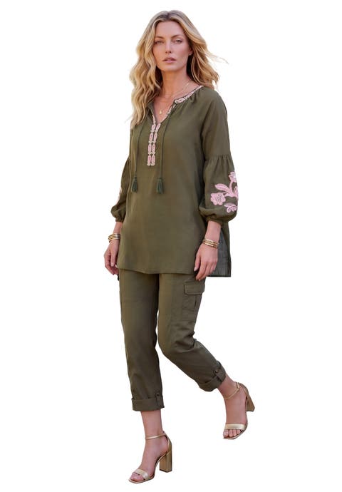 Plus Size Cambric Cotton Split Neck Embroidered Tunic