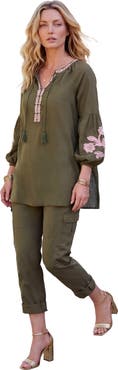 Roaman's Plus Size Cambric Cotton Split Neck Embroidered Tunic