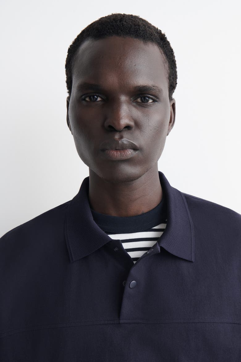 Snap-button Cotton Polo Shirt, Alternate, color, NAVY
