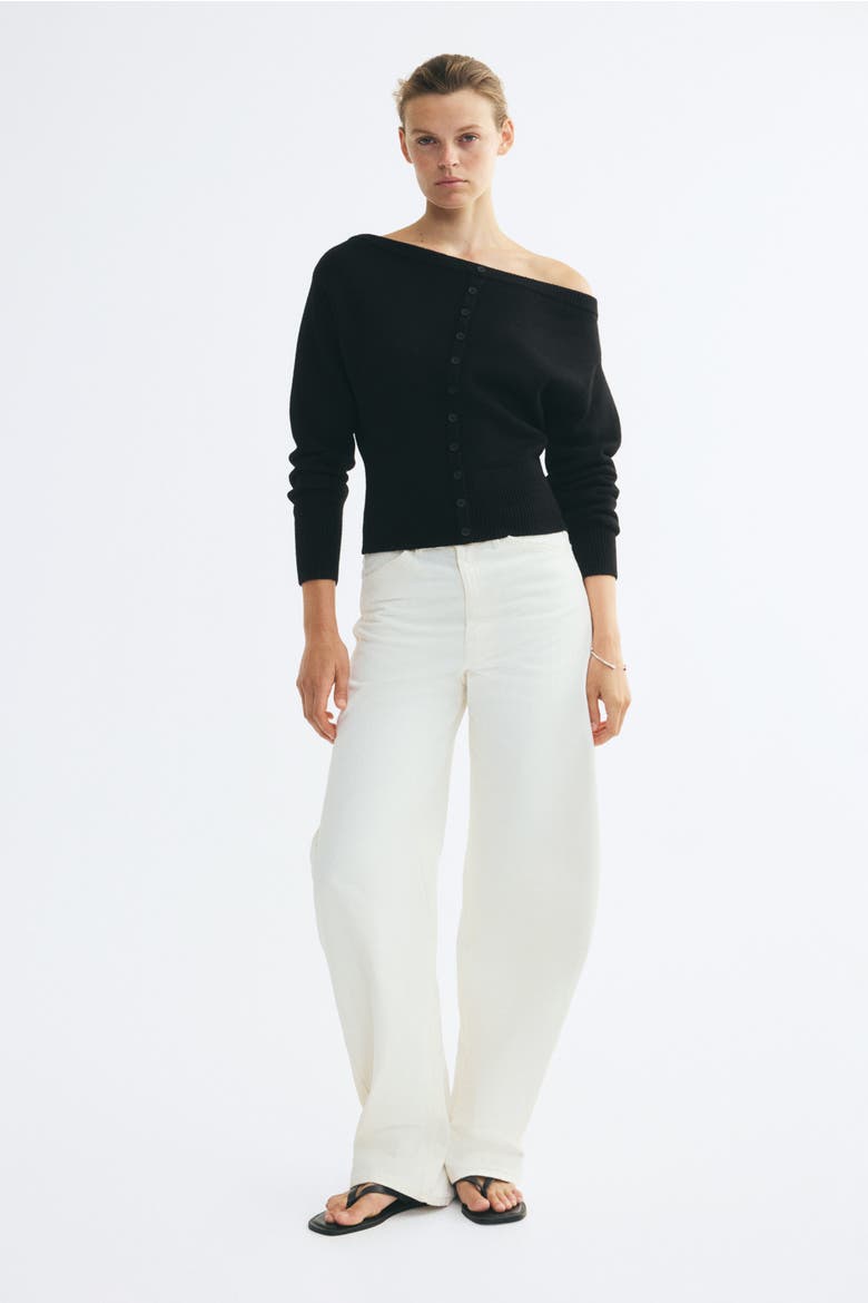 Bouclé-Knit Off-The-Shoulder Cardigan, Alternate, color, Black