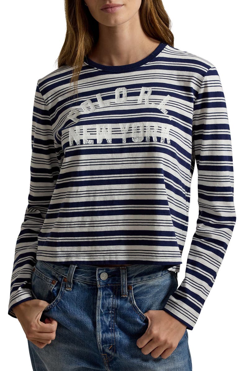 Polo Ralph Lauren Stripe Graphic Logo Cotton Jersey T-Shirt, Main, color, Newport Navy/ Nevis