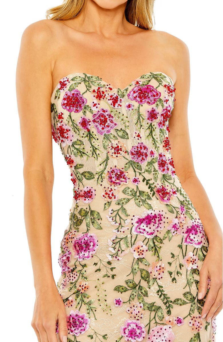 Mac Duggal Strapless Sheer Bustier Embroidered Mermaid Gown, Alternate, color, Pink Multi