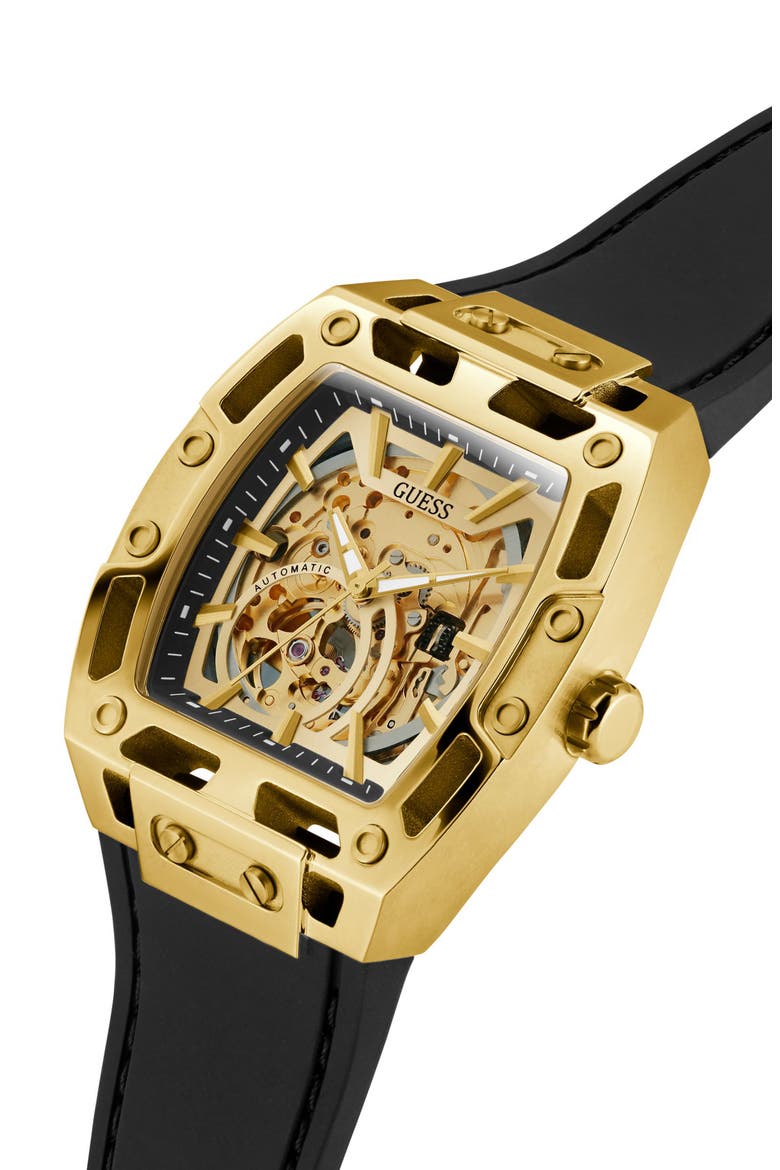 Phoenix Goldtone Skeleton Automatic Silicone Strap Watch, 43mm x 42mm, Alternate, color, BLACK