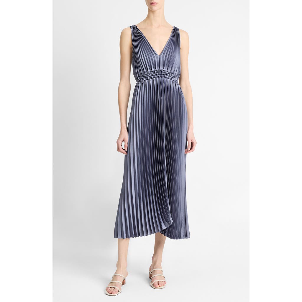 Shop Vince Hand Smocked Pleated Sleeveless Midi Dress In Mauve Thistle