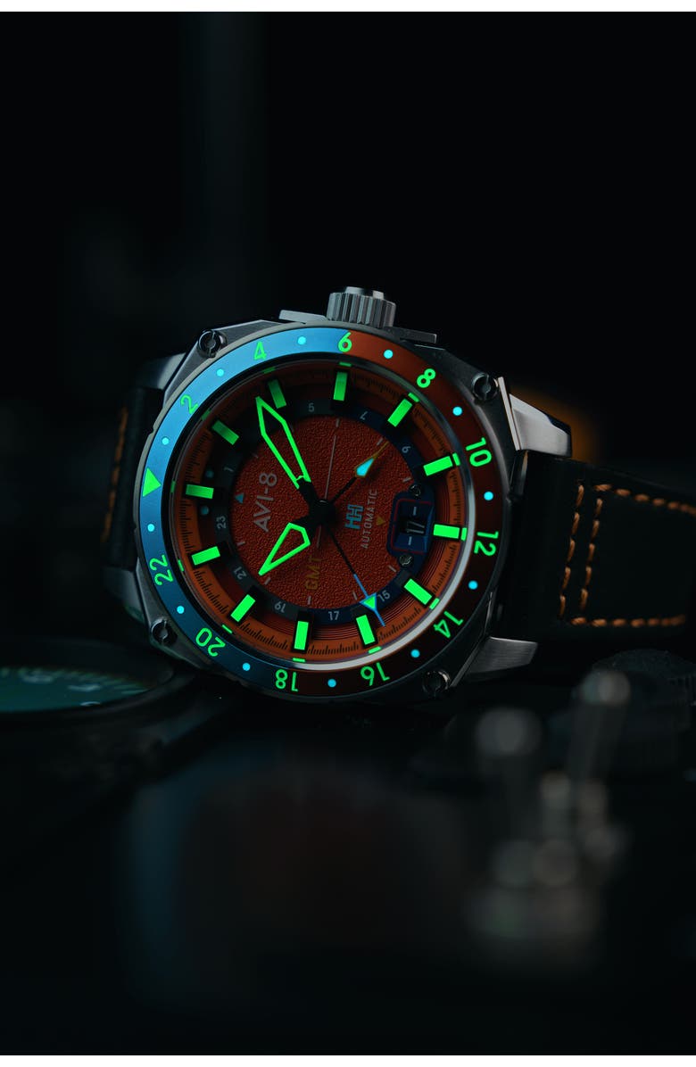 AVI-8 Hawker Hunter Atlas GMT Movement Leather Strap Watch, 44mm, Alternate, color, 