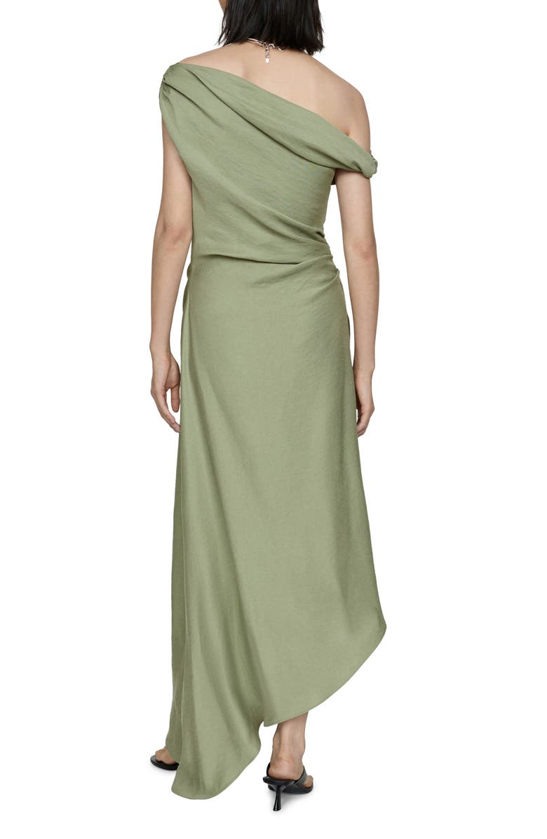 MANGO Ruched Asymmetric Hem One-Shoulder Dress, Alternate, color, Medium Green