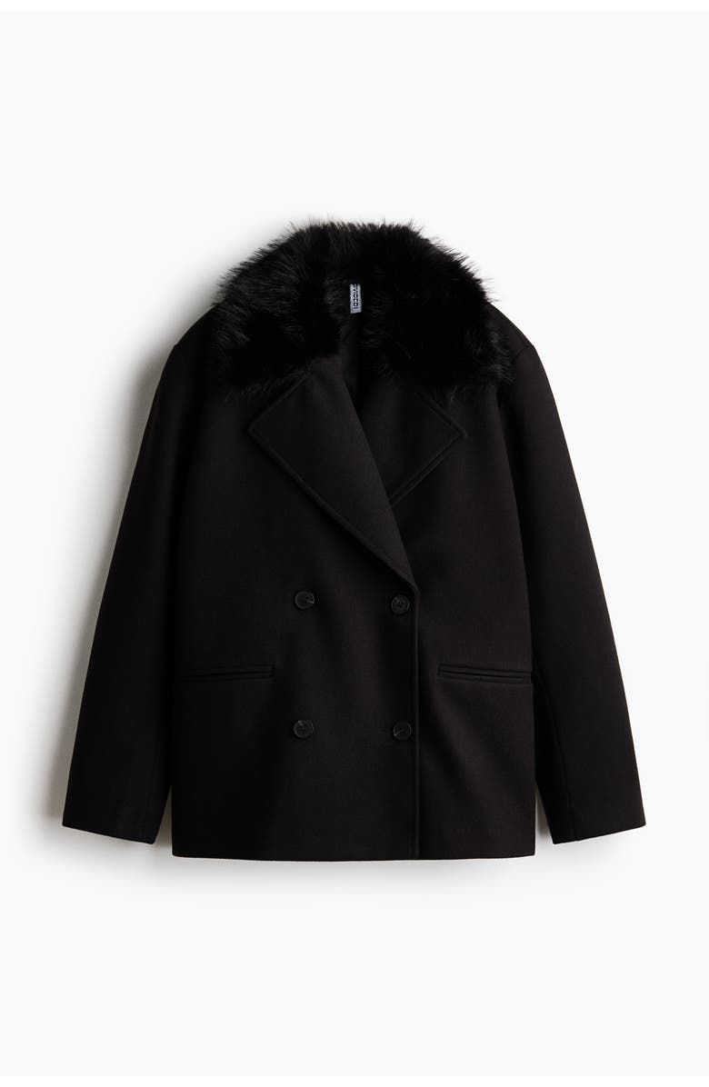 H&M Fluffy-collared Pea Coat, Main, color, Black