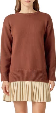 English Factory Mixed Media Long Sleeve Pleated Minidress