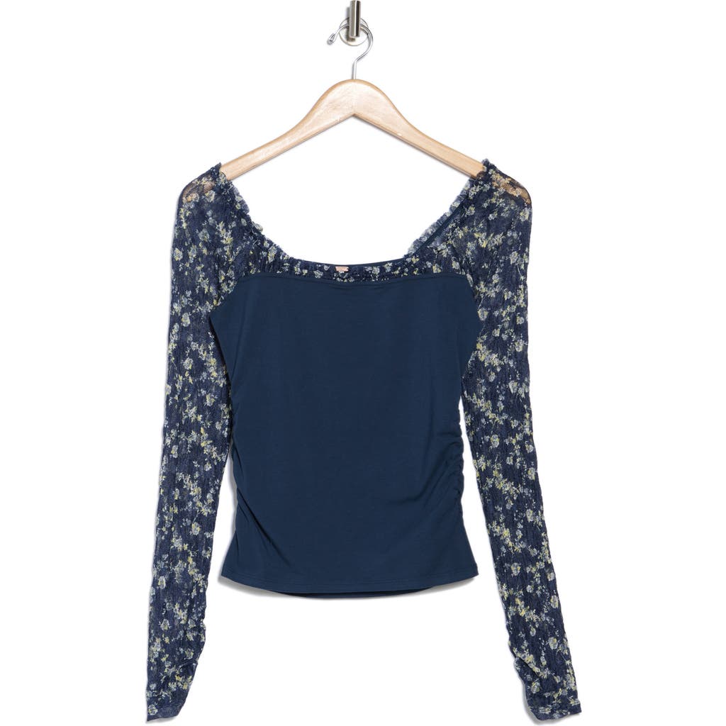 Shop Free People Josie Lace Long Sleeve Shirt In Blue Combo