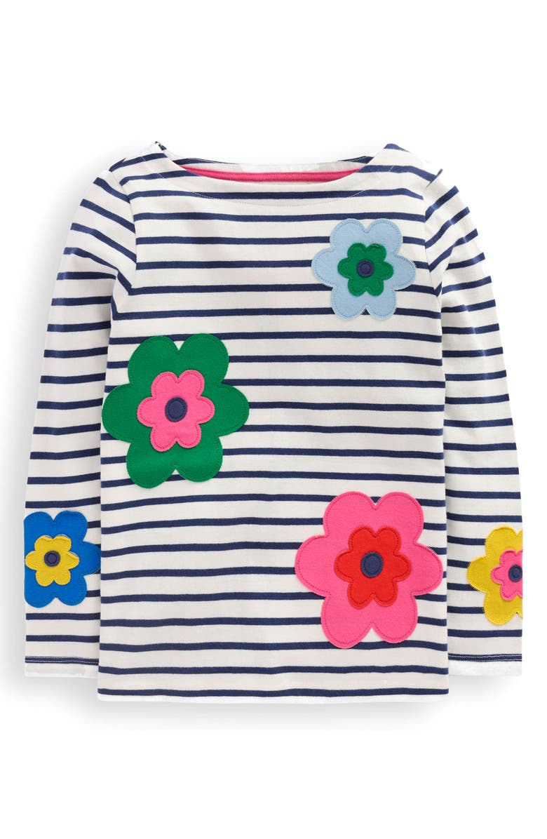 Mini Boden Kids' Ella Breton Stripe Floral Appliqué Cotton T-Shirt, Main, color, Multi Flower