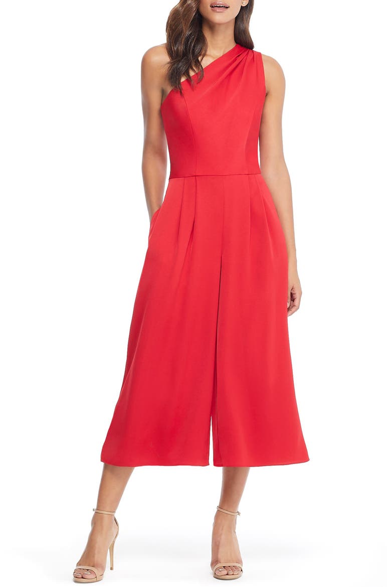 Carmen One-Shoulder Crepe Jumpsuit, Main, color, RUBY