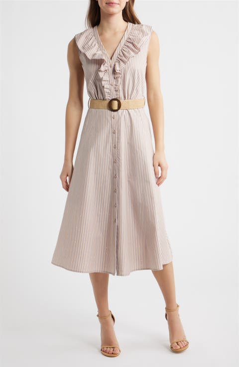 Stripe Rhinestone Detail Sleeveless Cotton Shirtdress