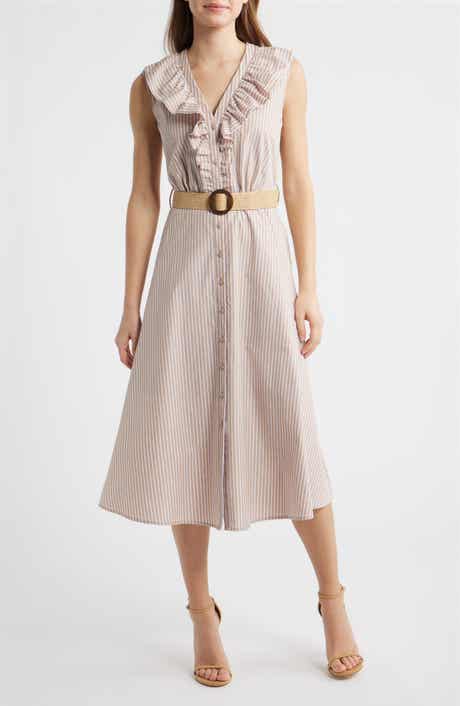 Stripe Rhinestone Detail Sleeveless Cotton Shirtdress