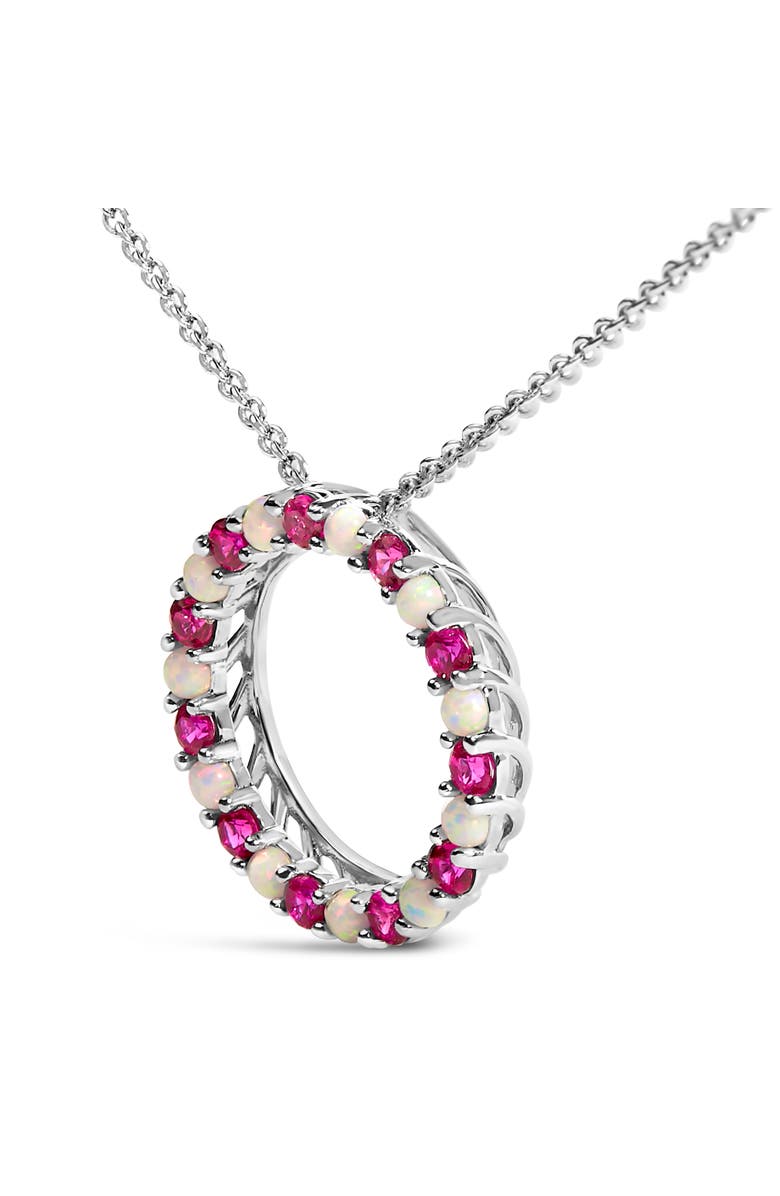 Haus of Brilliance .925 Sterling Silver Alternating Created Red Ruby and Opal Circle Pendant Necklace, Alternate, color, White