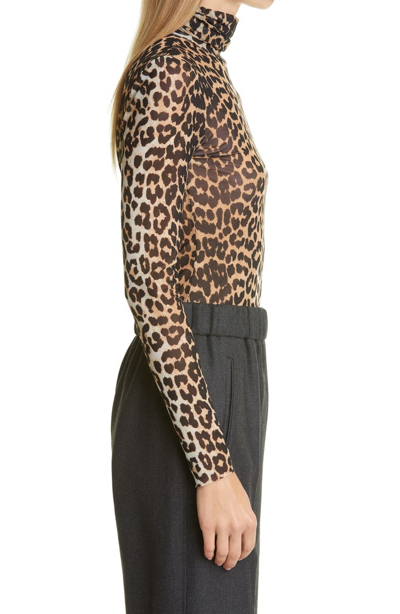 Ganni Animal Print Mesh Turtleneck Top, Alternate, color,
