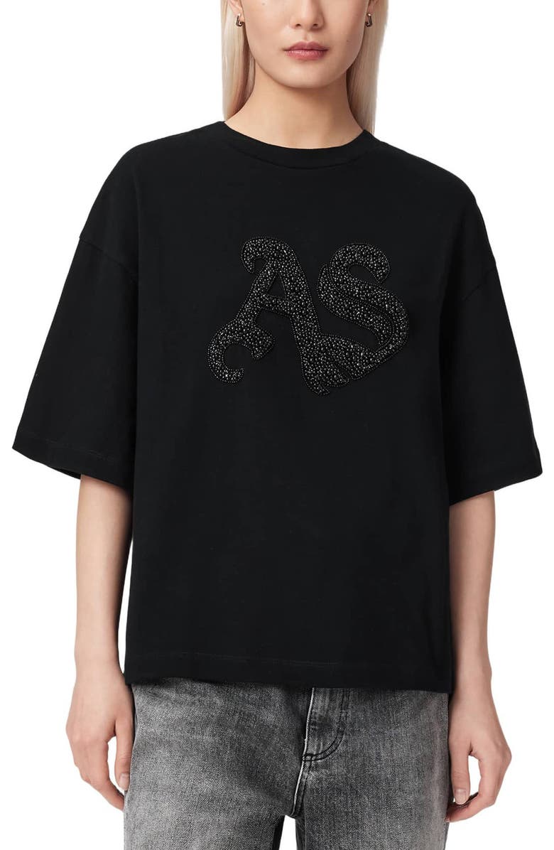 AllSaints Icon Amelie Oversize Rhinestone Cotton T-Shirt, Main, color, Black