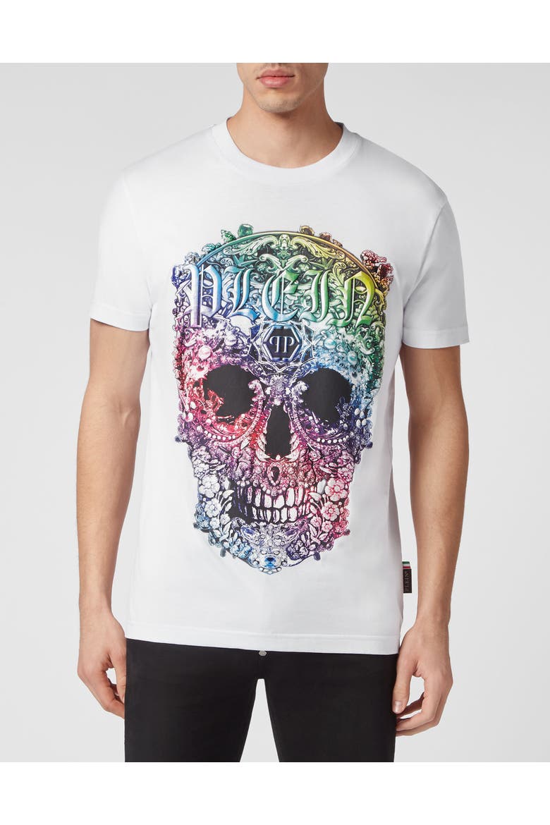 T-Shirt Round Neck Ss Baroque Skull Men, Main, color, white/multicolored