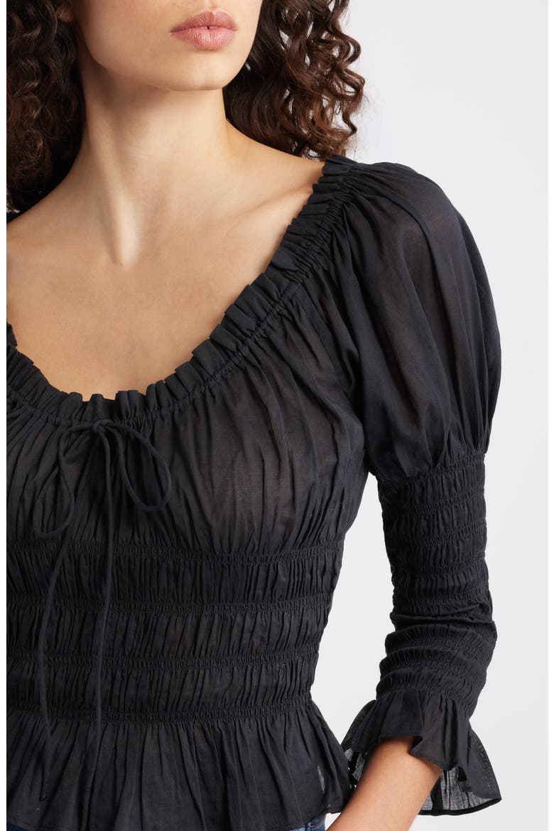 Baptisia Smocked Juliet Sleeve Organic Cotton Top, Alternate, color, BLACK