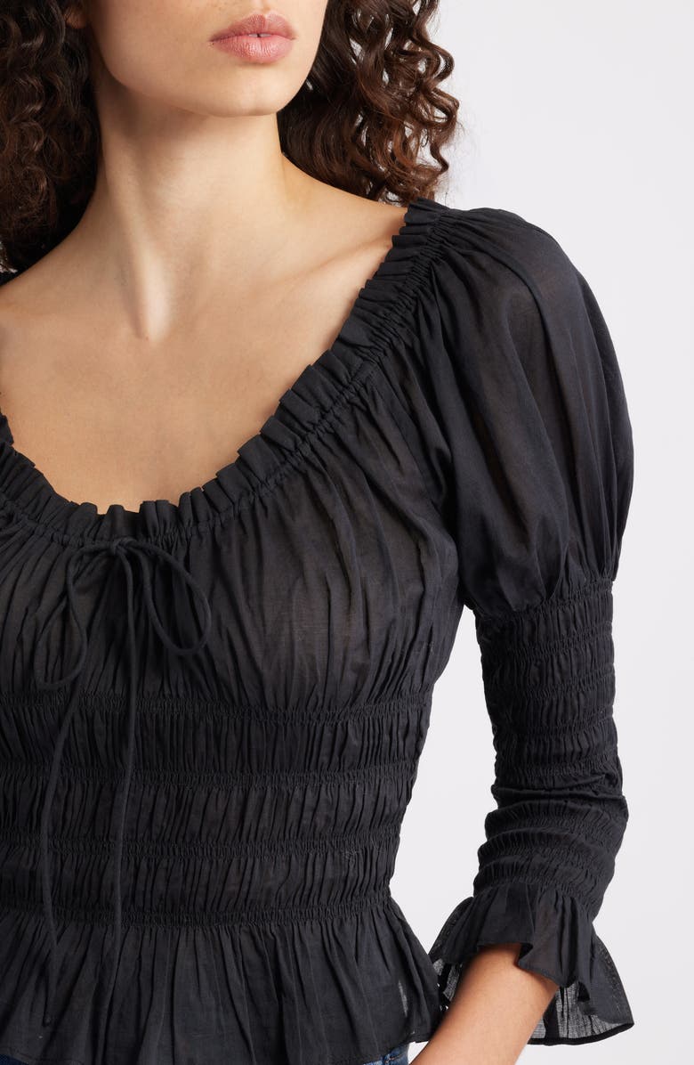 DÔEN Baptisia Smocked Juliet Sleeve Organic Cotton Top, Alternate, color, Black