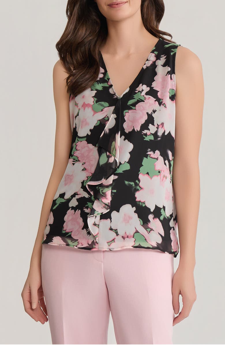 KASPER Floral Cascade Ruffle Sleeveless Top, Main, color,