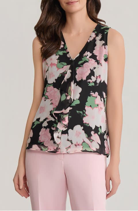 Floral Cascade Ruffle Sleeveless Top