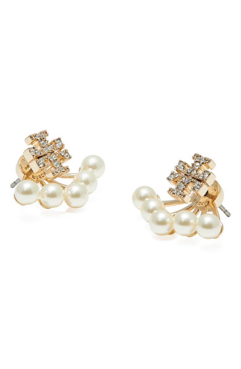Tory Burch Moondance Pearl Front-Back Earrings, Alternate, color, Tory Gold / Pearl / Crystal