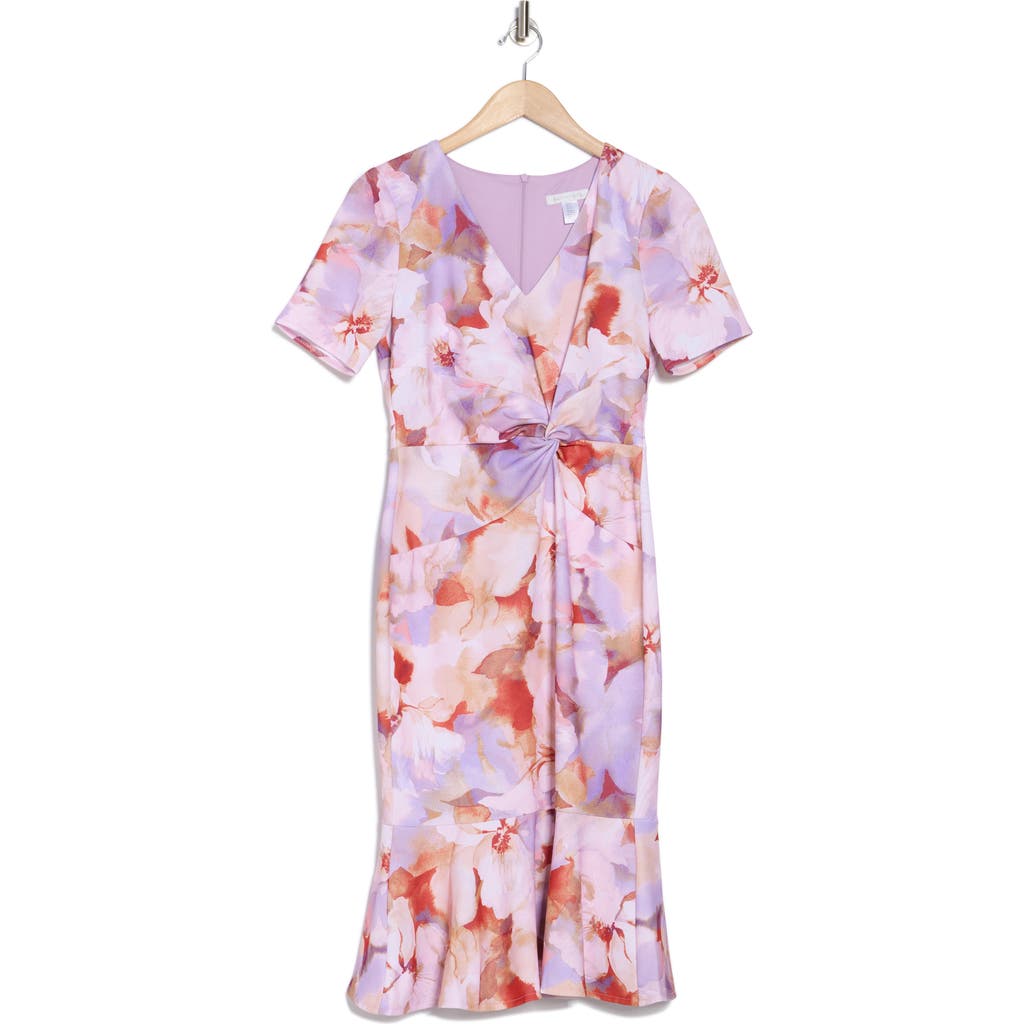 London Times Plus Size Floral-print Twist-front Midi Dress In Lavender