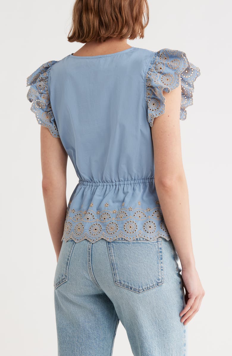 Democracy Embroidered Peplum Ruffle Sleeve Top, Alternate, color, Chambray Blue/ Khaki