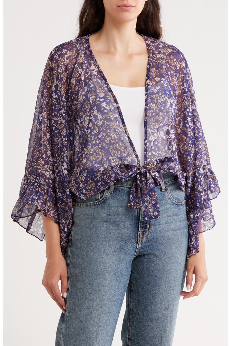 Foil Floral Print Chiffon Topper, Main, color, DENIM MULTI
