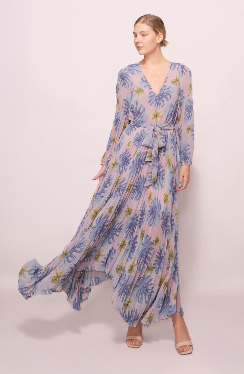 MELLODAY Tie Waist Long Sleeve Pleated Maxi Dress, Alternate, color, Pink Lilac