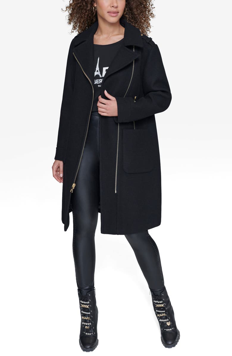 KARL LAGERFELD PARIS Long Wool Blend Moto Jacket, Alternate, color, Black