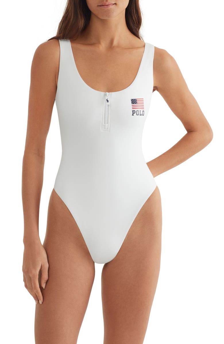 Polo Ralph Lauren Zip-Up One-Piece Swimsuit, Main, color, White