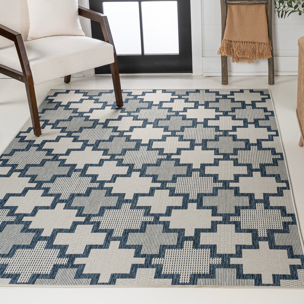 Jonathan Y Cyrus Modern Geometric Tile Pattern Indoor/outdoor Area Rug In Navy/cream