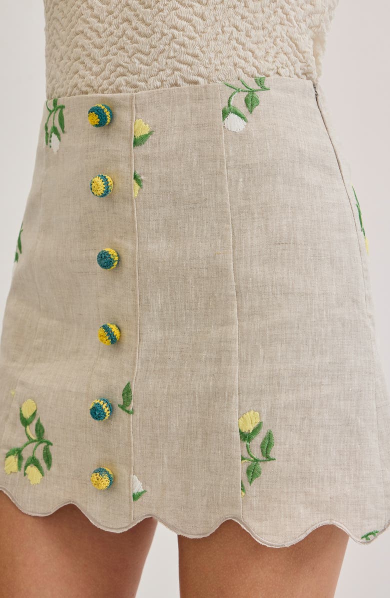 MAUDE CLUB Sophia Floral Embroidery Linen Miniskirt, Alternate, color, Beige Floral