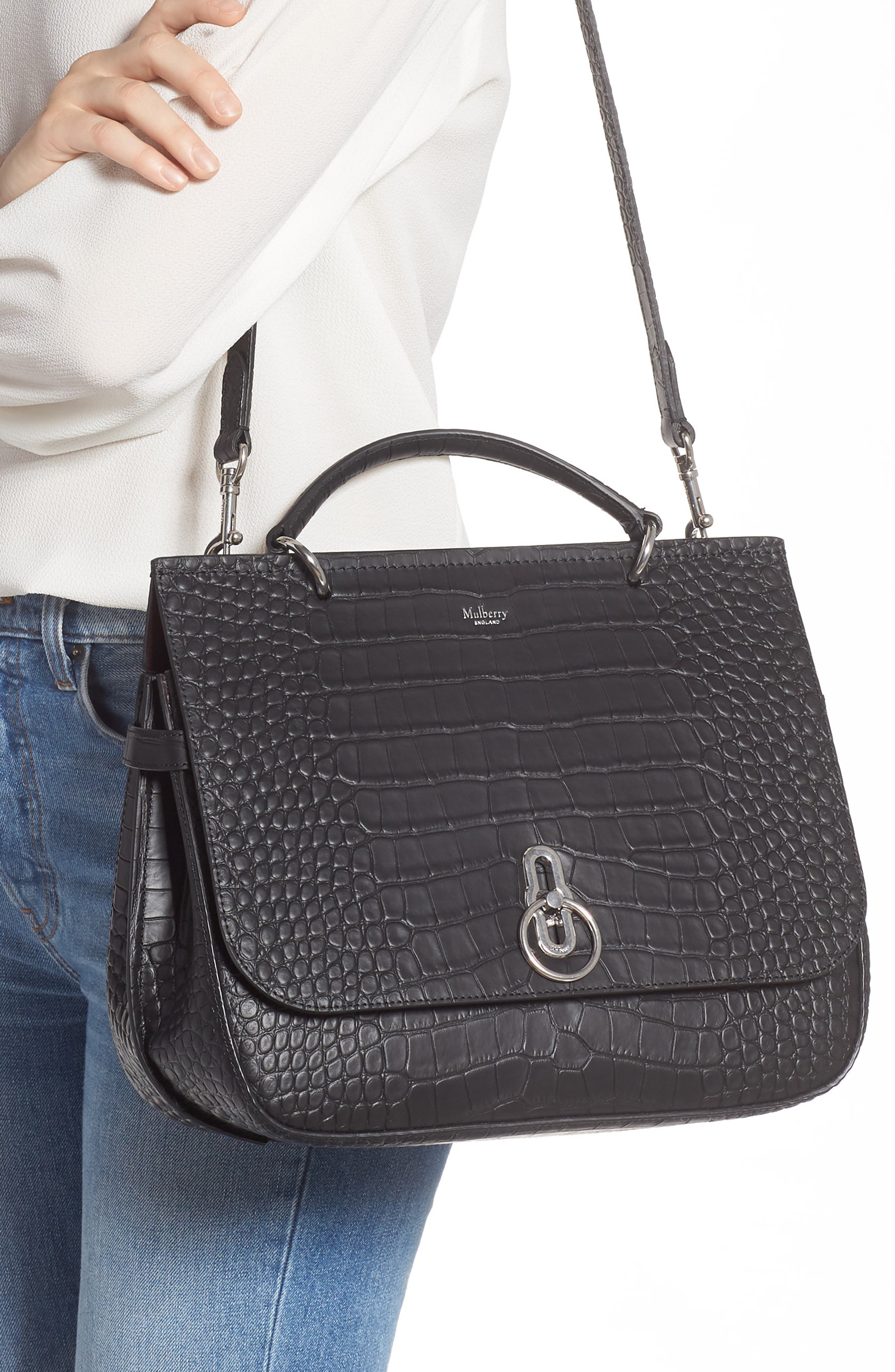 Mulberry Amberley Croc Embossed Leather Satchel, Alternate, color, 