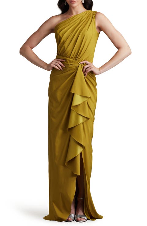 One-Shoulder Side Ruffle Gown