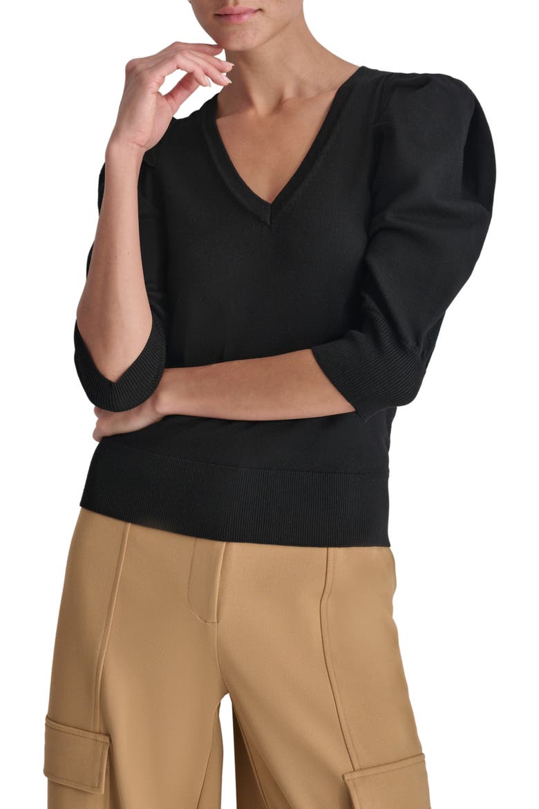 Puff Sleeve V-Neck Sweater, Main, color, BLACK