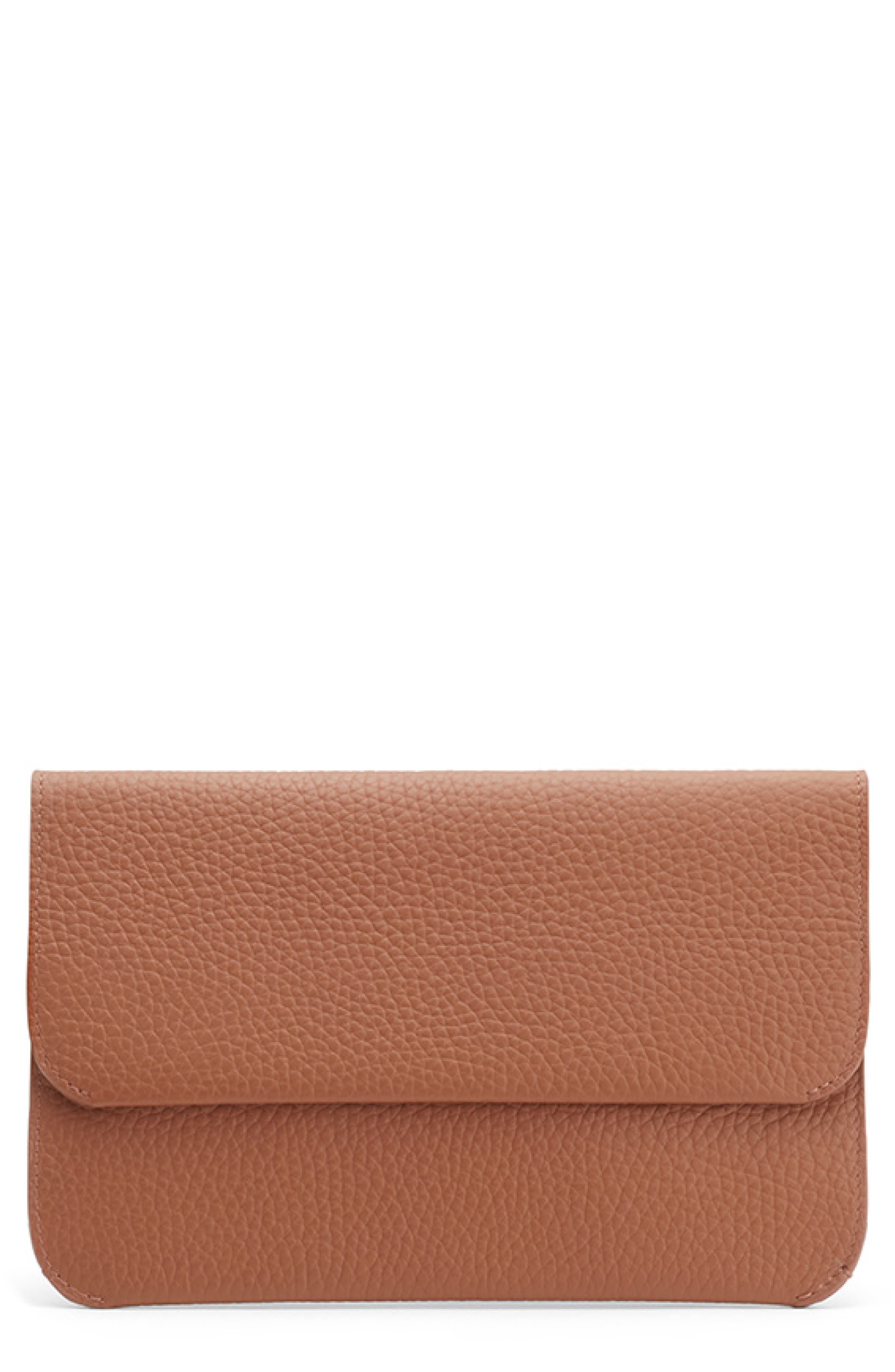 System Leather Clutch, Main, color, CARAMEL