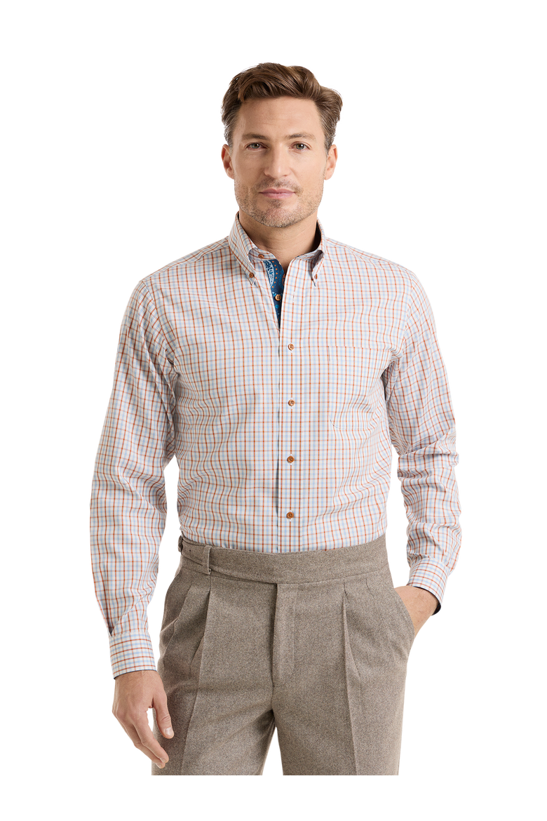 Cotton Buttondown Collar Pinpoint Slim Contrast Trim Button Cuff Long Sleeve Shirt, Alternate, color, BLUE/RUST