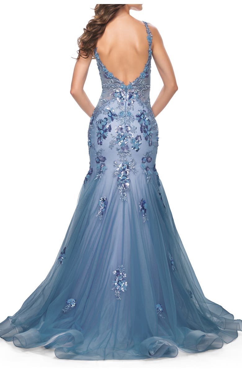 La Femme Mermaid Two Tone Prom Dress with Sequin Lace Beaded Applique, Alternate, color, Slate Blue