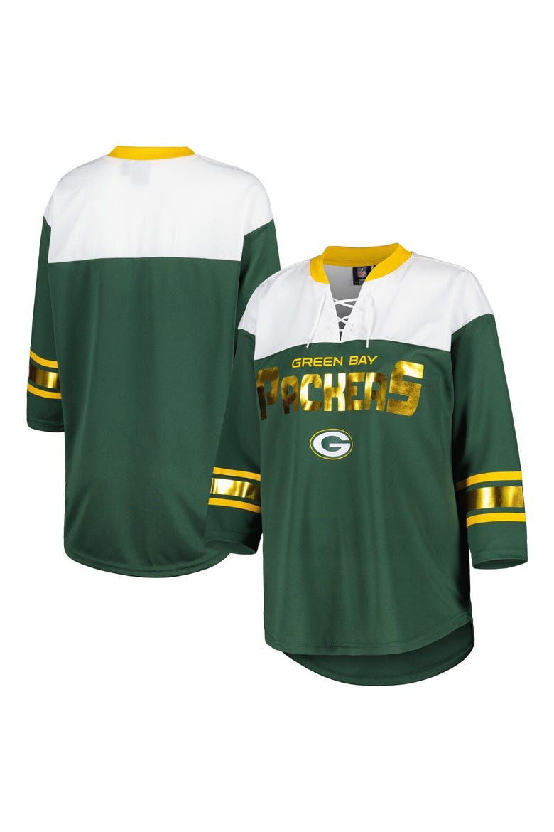Women's G-III 4Her by Carl Banks Green/White Green Bay Packers Double Team 3/4-Sleeve Lace-Up T-Shirt, Main, color, Green
