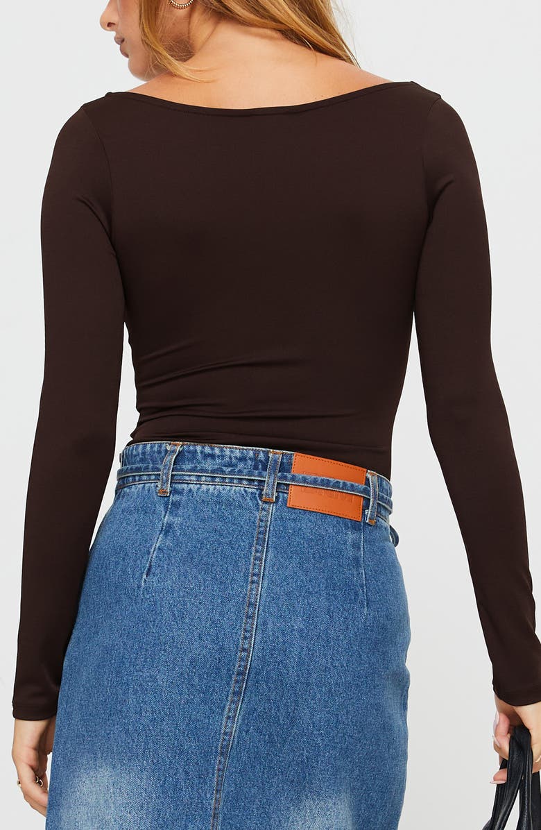 Princess Polly Ellery Wide Scoop Neck Long Sleeve Bodysuit, Alternate, color, Brown