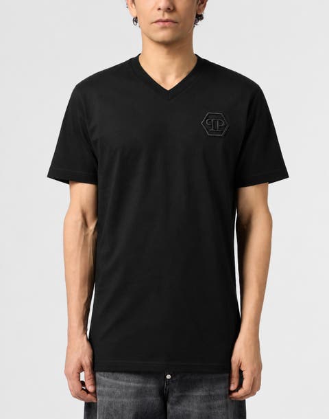 V-neck T-shirt Embroidery Hexagon Men