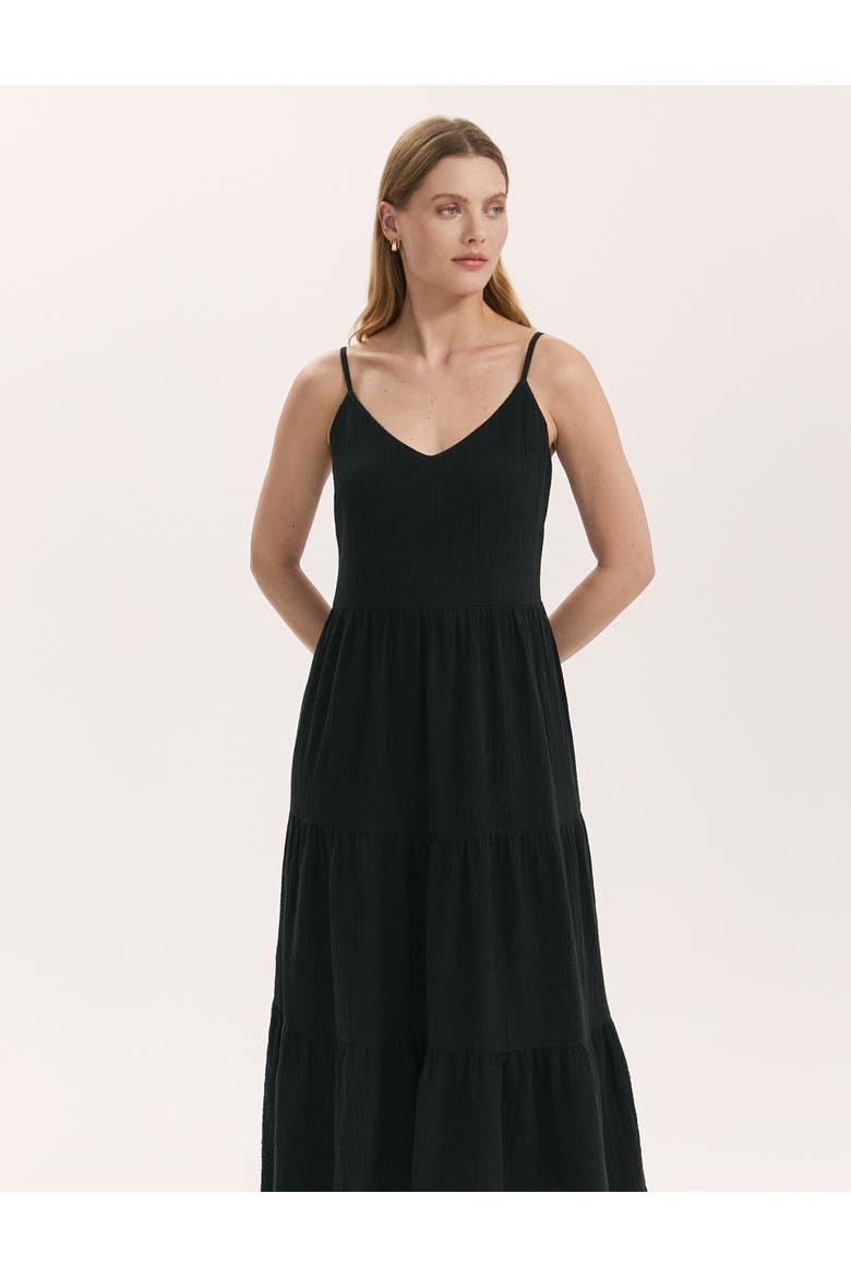 Emmie Cotton Strappy Midi Tiered Dress, Alternate, color, Black