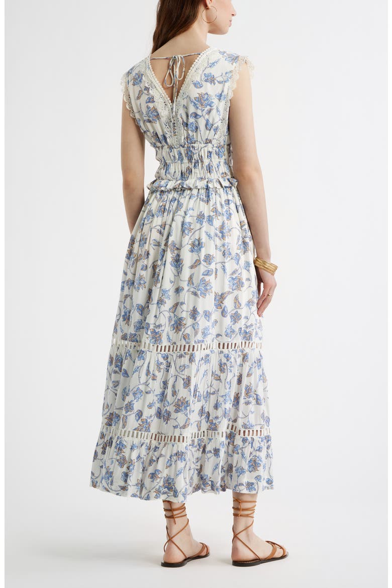 Floral Lace Trim Tiered Midi Dress, Alternate, color, IVORY- BLUE BOHO BLOOM